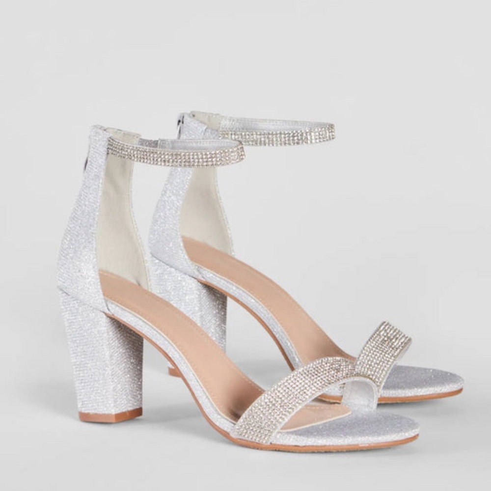Women’s Silver Sparkly Rhinestone Block Heels